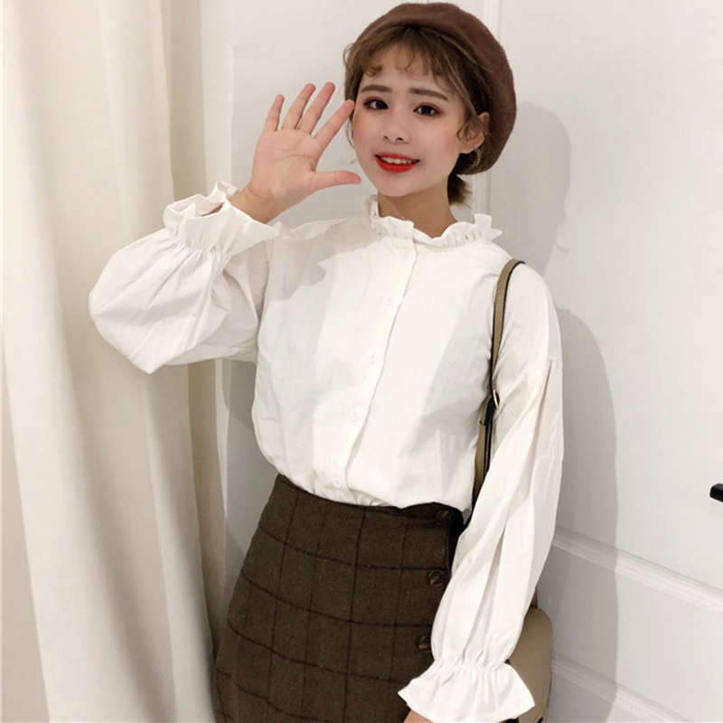 少女泡泡長袖白襯衫早秋新款女裝甜美百搭學生寬松荷葉領打底上衣